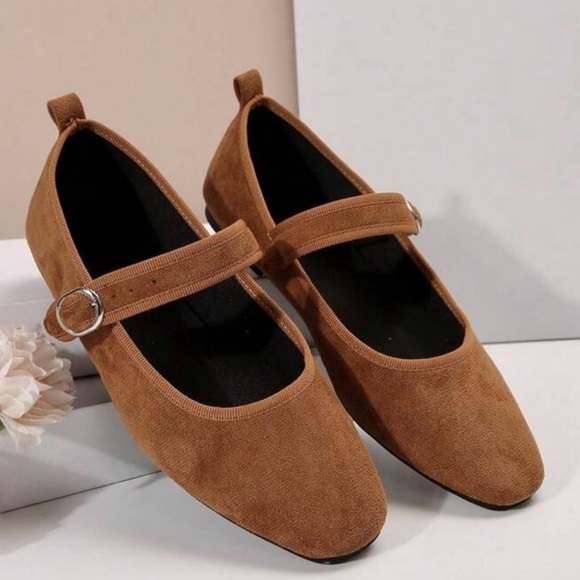 Tan round toe faux suede ballet flats - Picture 5 of 5